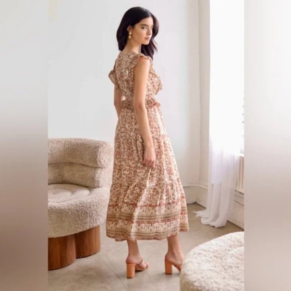 By the River Cream and Pink Floral Cottagecore Midi Casual Sleeveless Sundress